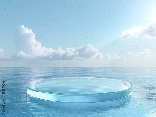 clear pixel image of Abstract transparent round platform podium for cosmetic products. Glass circle presentation display stand on blue water and sky background. Front view, high detail, 8k