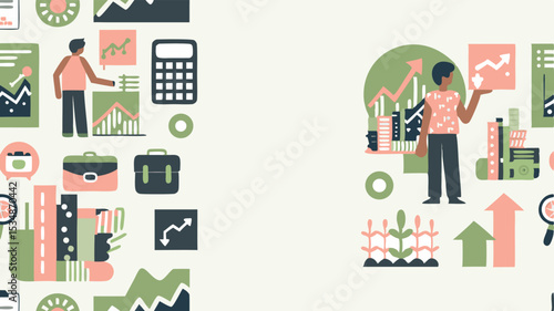 Illustration showcasing business analytics with people, charts, and financial data on light background