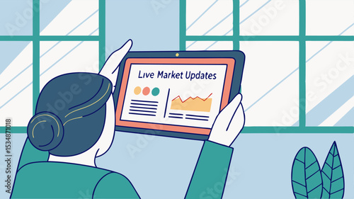 Person holding tablet displaying live market updates with graph and icons near a window and plant