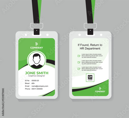 Modern Green and Black ID Card Design Template for Corporate and Office Staff with QR Code and Clean Layout