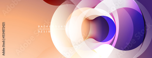 Abstract circles overlap, creating vibrant gradients. Peach background complements purple, blue hues. Modern design element.