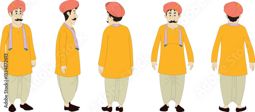 Indian Cartoon Character Turnaround Vector – Traditional Desi Man model sheet in Turban and Ethnic Dress | Front, Side, Back Views for Animation, Comics, Explainer Videos, and Puppet Rigging
