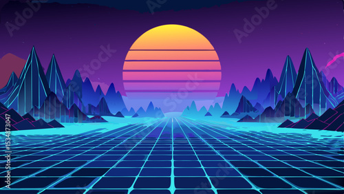 A vibrant retro futuristic landscape featuring a neon sunset, mountainous terrain, and a glowing grid, evoking a nostalgic sci-fi atmosphere.