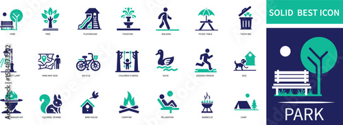 A clean and minimal park icon set featuring symbols such as trees, benches, playgrounds, walking paths, picnic areas, street lamps, and nature elements.