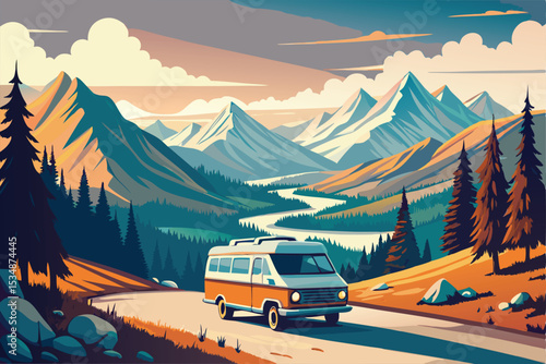 Mountain Road Trip Vintage Van Adventure in Majestic Scenery