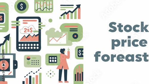 Illustration showing stock market analysis with charts, graphs, and a person analyzing the data set up
