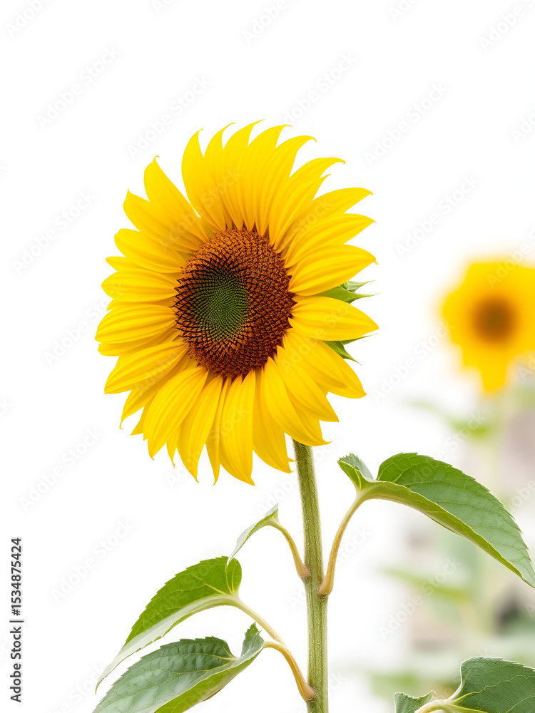 Fototapeta premium Large isolated blooming yellow sunflower stem