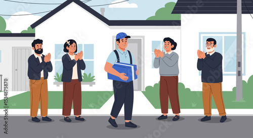Community Celebrates Delivery Person Happy Neighborhood Scene