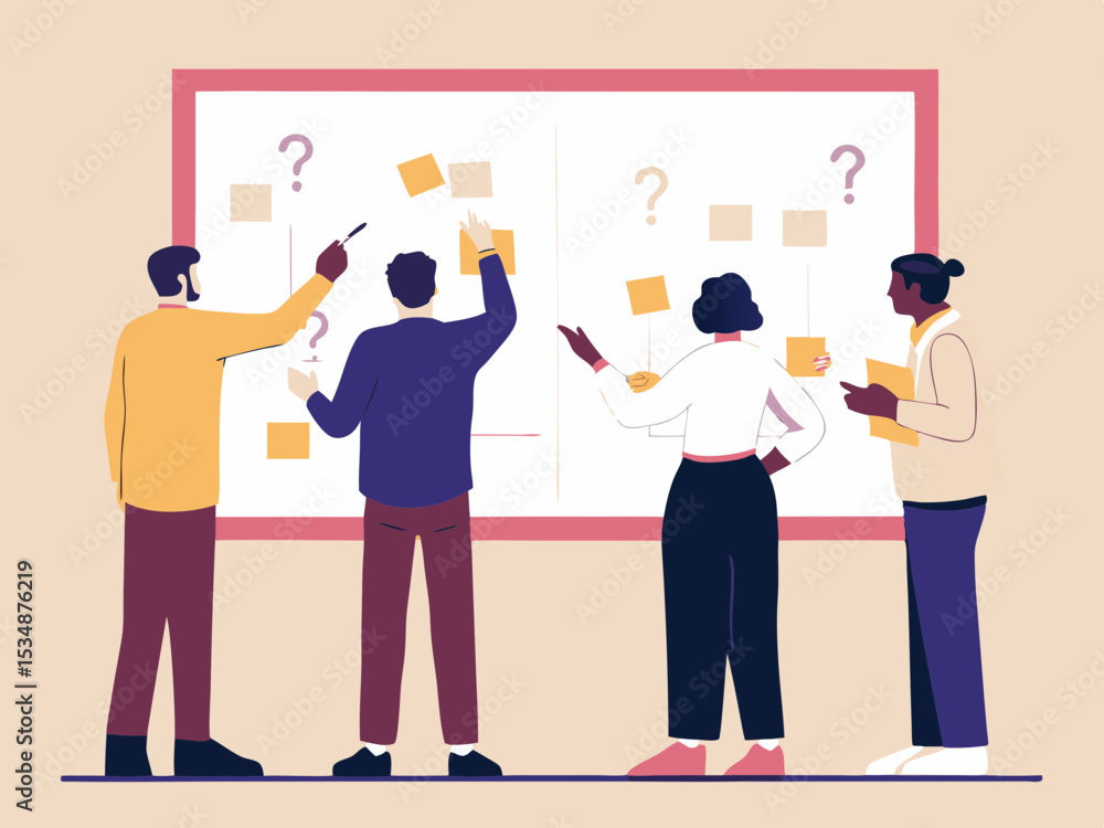 Diverse Team Brainstorming Ideas on a Whiteboard with Sticky Notes and Question Marks in a Modern Office Setting Collaboration and Diverse Team Brainstorming Ideas on a Whiteboard with Sticky Notes and Question Marks in a Modern Office Setting Collaboration and