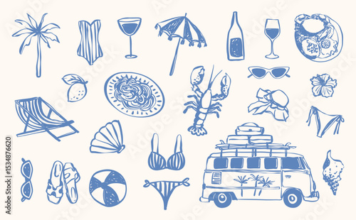 Drawn Doodle Mediterranean Matisse Whimsical Italian Food and Drink, Summer Tropical and Sea Food Line Drawing Vector Illustration
