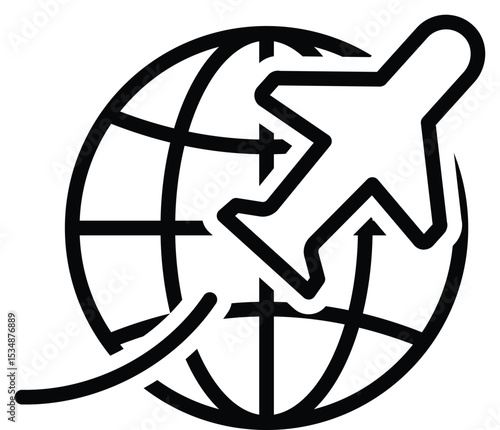 Airplane Flying Over Globe Silhouette Icon