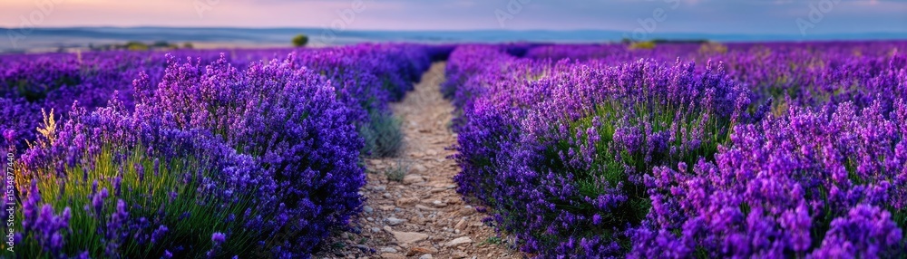 Fototapeta premium Peaceful mindset with rest, balance and self journey concept. Vibrant lavender fields under a stunning sunset sky.
