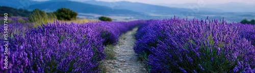 Peaceful mindset with rest, balance and self journey concept. A serene pathway through a vibrant lavender field in bloom.