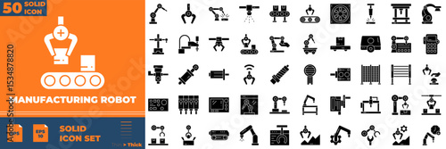 Manufacturing Robot Solid Editable Icons set. Vector illustration in modern thin solid style of Manufacturing Robot icons: warehouse, machine, engineer, etc