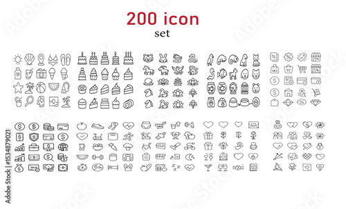 A collection of two hundred minimalist line art icons arranged in a grid pattern on a white background