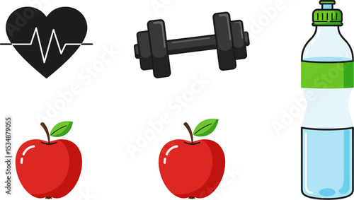 Fitness health lifestyle healthy diet exercise workout gym apple water dumbbell heart rate vector art icon editable stock vector illustration