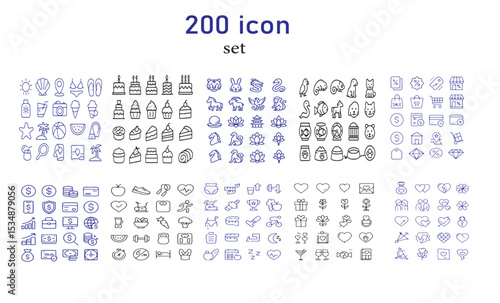 A collection of two hundred minimalist line art icons arranged in a grid pattern on a white background