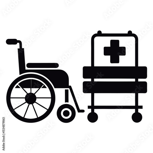 Wheelchair and Medical Cart with Cross Icon - Patient Transport, Healthcare, and Disability Aid Symbol