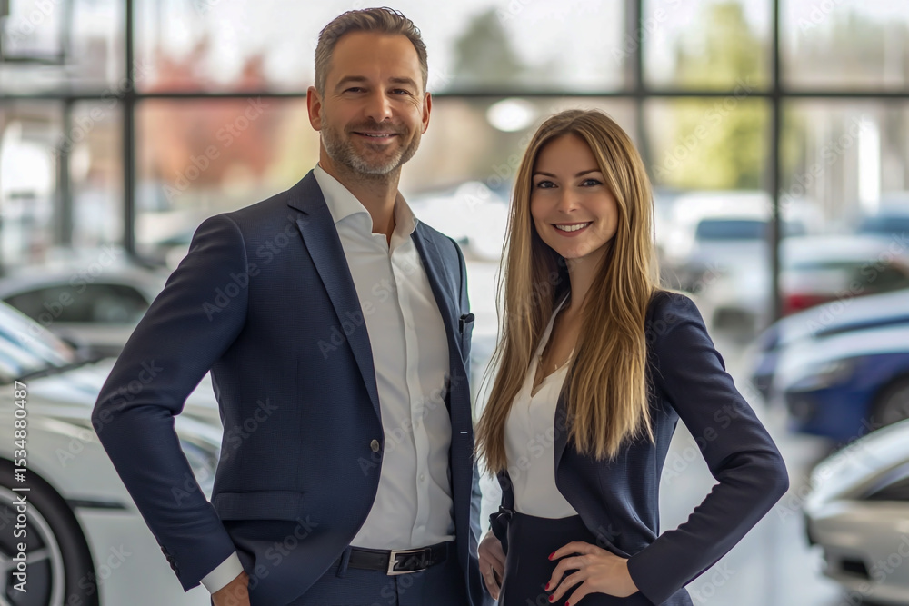 Two professional car salesmen, a confident man and a woman, wearing formal business suits, standing inside a modern car showroom, Two professional car salesmen, a confident man and a woman, wearing formal business suits, standing inside a modern car showroom,
