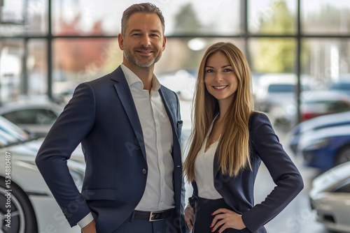 Two professional car salesmen, a confident man and a woman, wearing formal business suits, standing inside a modern car showroom,
