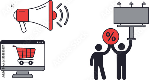 Marketing online shopping advertising promotion sales discount megaphone billboard ecommerce strategy campaign editable stock vector illustration