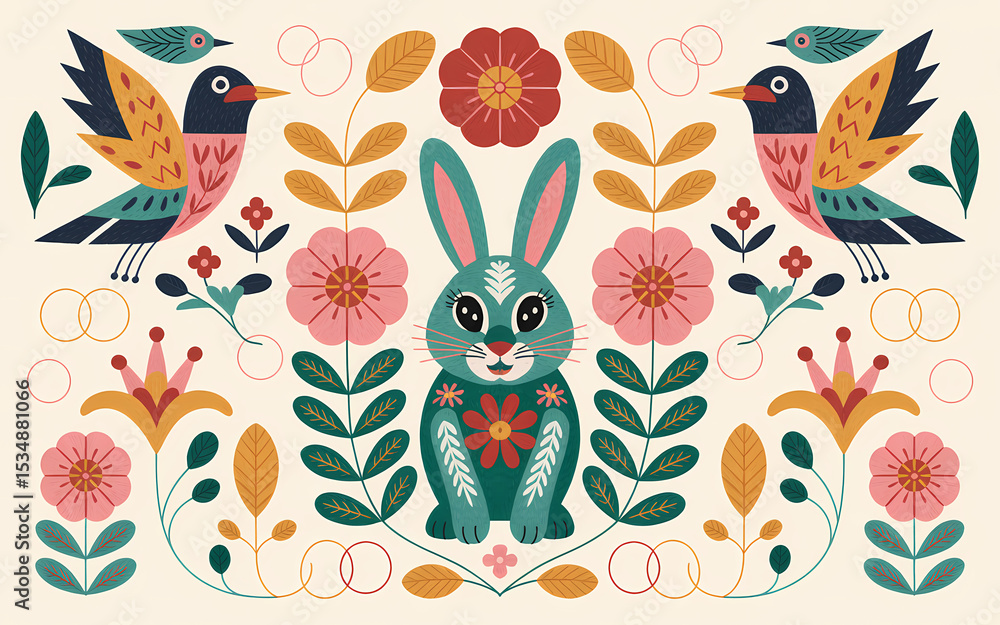 Obraz premium Mexican Otomi Embroidery, Whimsical Illustration of a Teal Bunny Birds and Floral Elements.