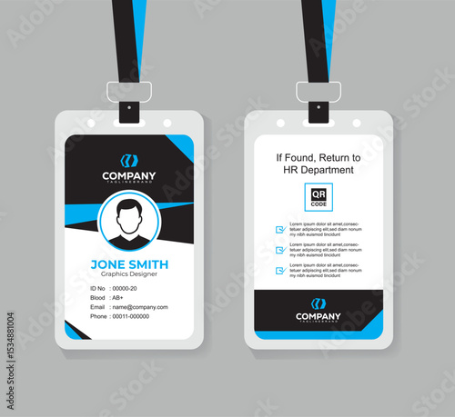 Clean and Professional Blue and Black ID Card Vector Template for Employees
