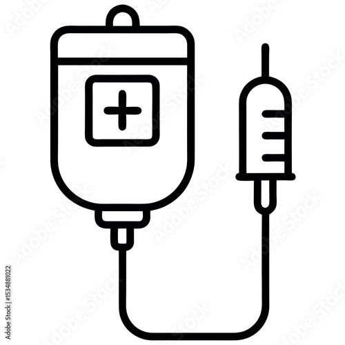 IV Drip Bag with Plus Sign and Syringe Icon - Medical Treatment, Hydration, and Hospital Care Outline