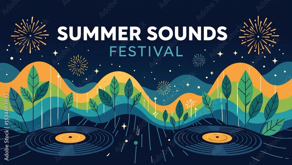 Obraz premium Outdoor Music Festival - Dynamic summer festival banner featuring waveforms, leaves, sun rays, and subtle fireworks in a vibrant design.