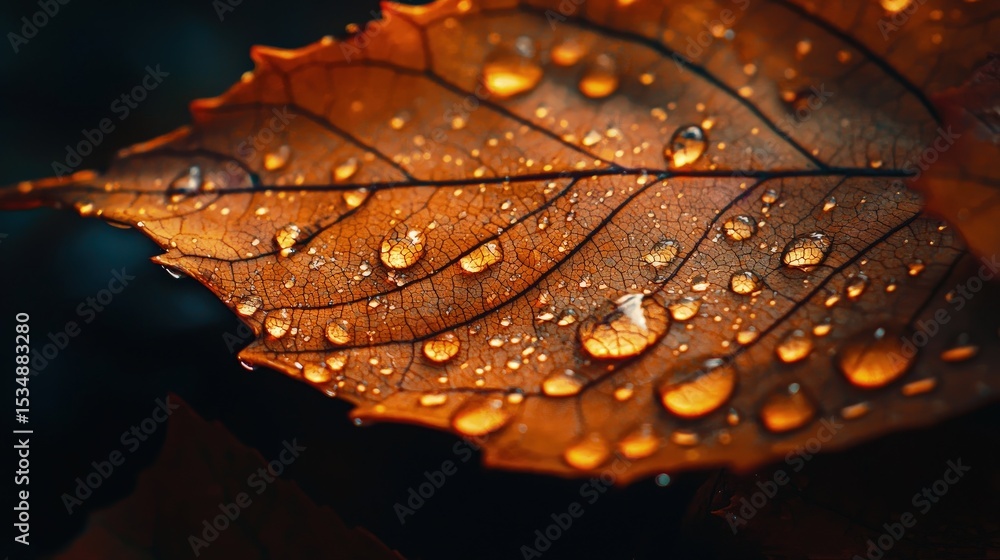 Fototapeta premium Close-up view of a fallen leaf covered in water droplets.