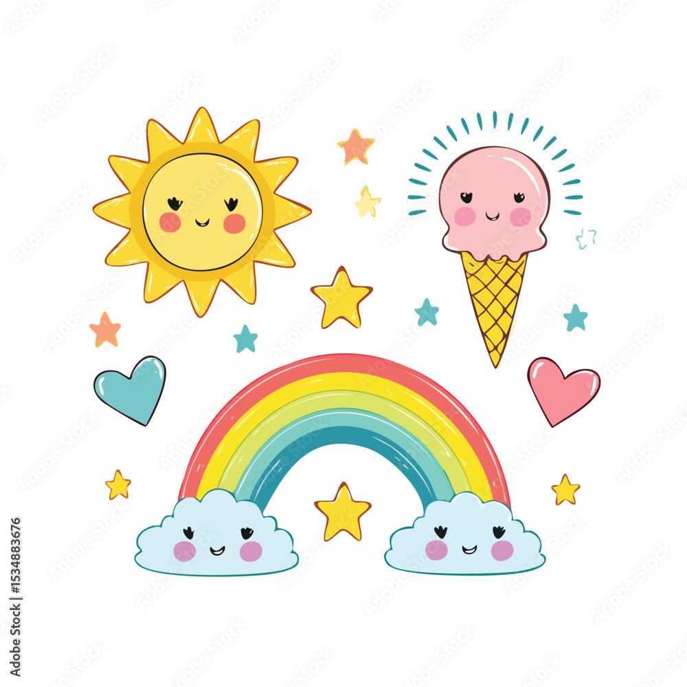 Fototapeta premium Cute cartoon rainbow with smiling sun, heart, clouds, and stars. Colorful and cheerful vector illustration for kids, nursery decor, or happy weather-themed designs