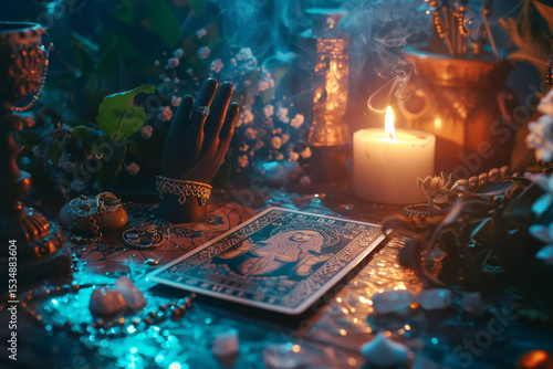 Mystical Tarot Altar with Candles and Smoke – Witchcraft Ritual Scene