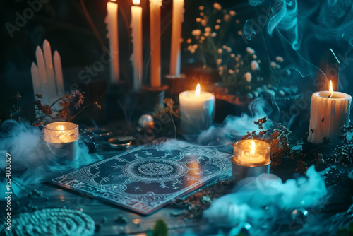 Mystical Tarot Altar with Candles and Smoke – Witchcraft Ritual Scene