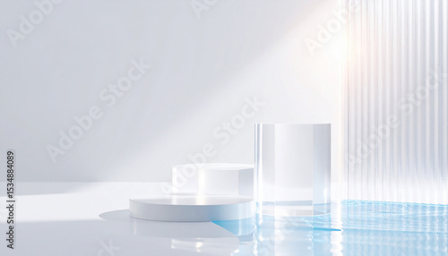 A bright exhibition space with a transparent glass pedestal. Showcase concept for product promotion and exhibition.