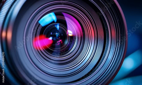 Detailed Camera Lens Close Up with Intricate Reflections in Blue and Purple Lighting