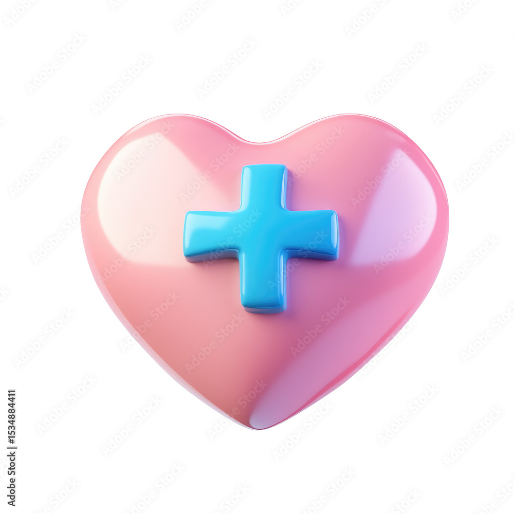 Obraz premium Glossy Pink Heart Icon with Blue Medical Cross Symbol for Healthcare and First Aid Concepts isolated on transparent white background, clipping path
