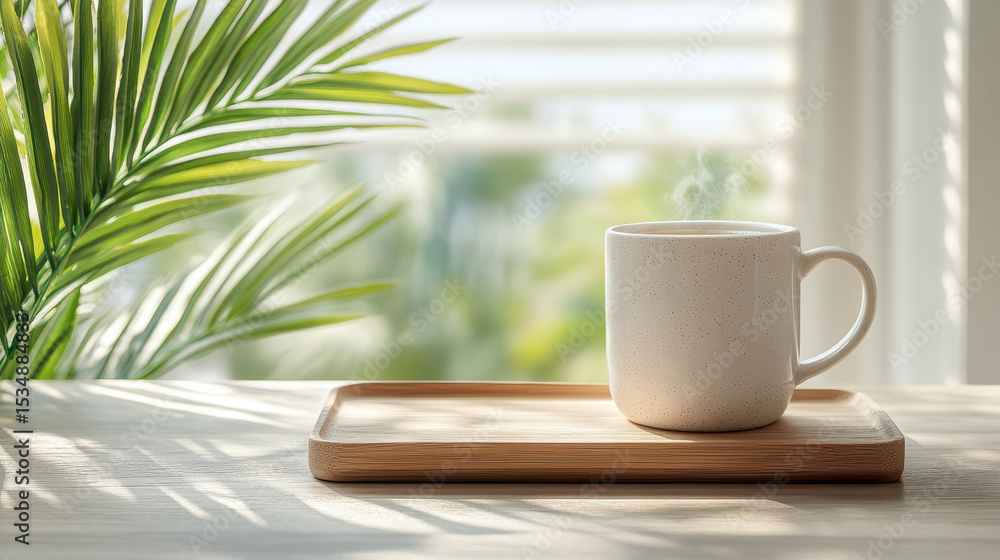 Serene morning scene featuring steaming mug of tea on wooden tray, surrounded by lush greenery Serene morning scene featuring steaming mug of tea on wooden tray, surrounded by lush greenery