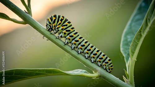 A swallowtail caterpillar crawling on a green stem with leaves in a soft focus natural setting