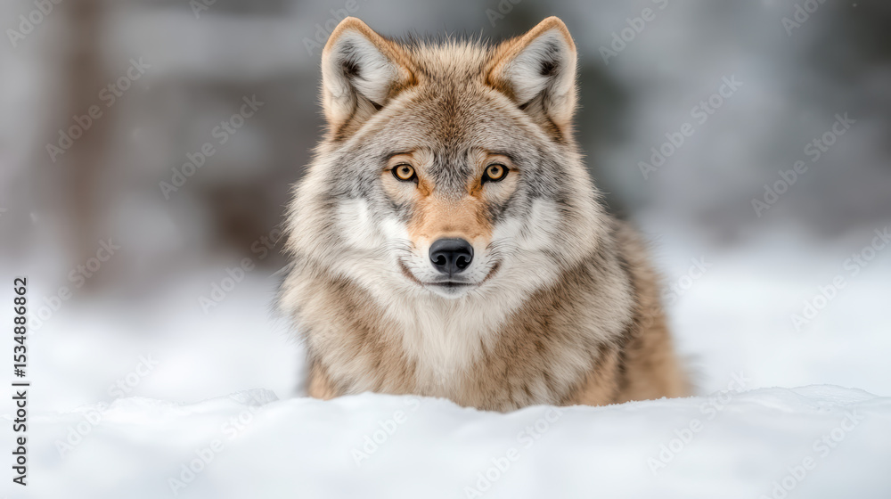 Naklejka premium Majestic wolf standing alert in snowy landscape, showcasing its striking features and fur