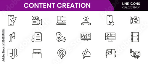 Vibrant vector web line icons showcasing content creation, writing, video, photography, and digital storytelling tools for engaging audiences.