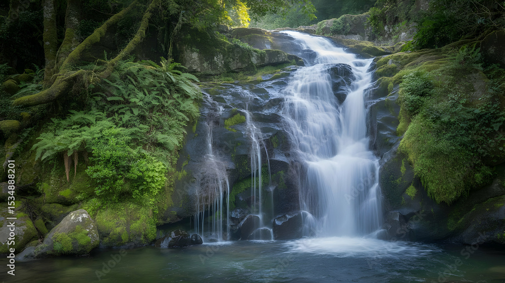 Cascading waterfall surrounded by lush green vegetation in a serene natural environment scene view Cascading waterfall surrounded by lush green vegetation in a serene natural environment scene view