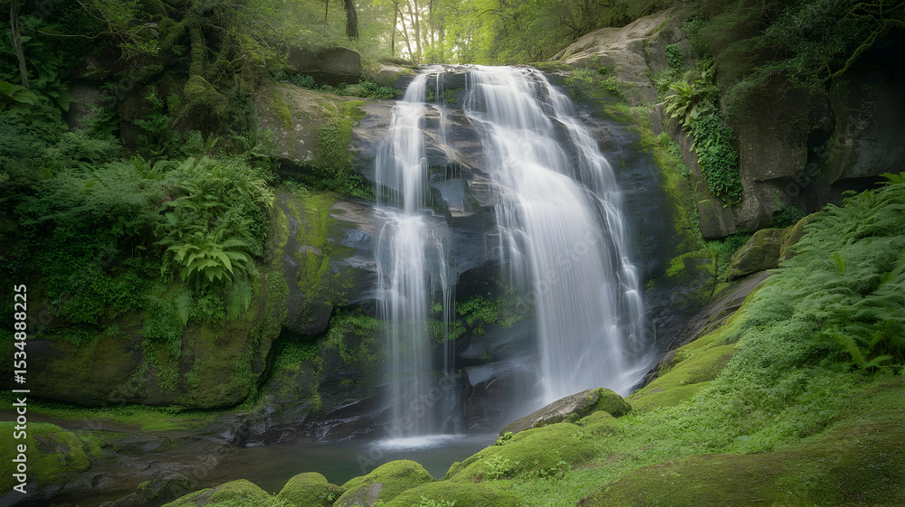 Fototapeta premium A cascading waterfall flows down moss covered rocks in a lush green forest landscape scene view