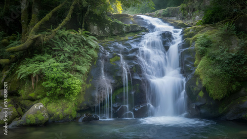 Cascading waterfall surrounded by lush green vegetation in a serene natural environment scene view
