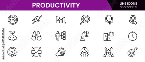 Streamlined vector web line icons depicting productivity tools, time management, tasks, efficiency, and goal-oriented workflows for optimal performance.