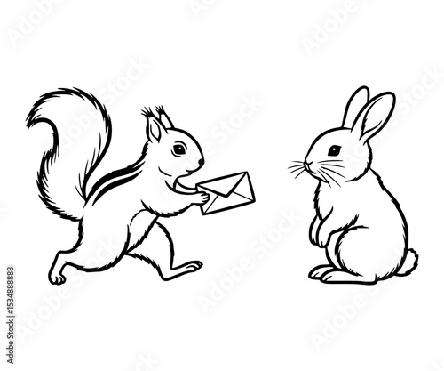 A squirrel delivering mail to a rabbit