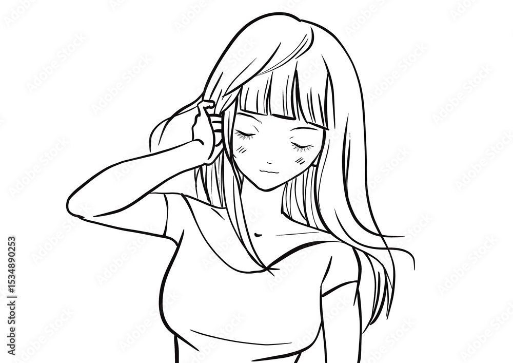 girl with beautiful hair, woman with a gentle breeze, black and white line drawing girl with beautiful hair, woman with a gentle breeze, black and white line drawing