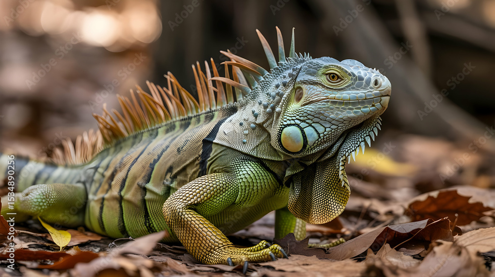 Fototapeta premium Close up of a green iguana resting on brown leaves in a natural outdoor environment setting