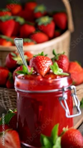 Wallpaper Mural Homemade strawberry jam in glass jar with fresh berries and mint leaves on wooden background, preserving fruit for winter season Torontodigital.ca