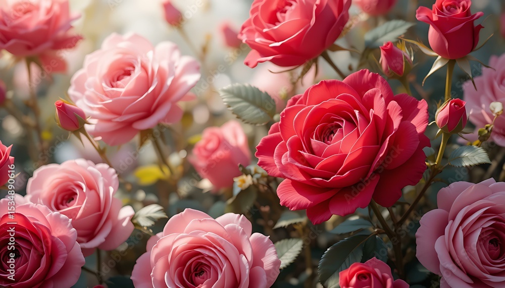 Elegant Close-Up of Blooming Pink and Red Roses – Romantic Floral Background for Love, Nature, and Beauty Themes Elegant Close-Up of Blooming Pink and Red Roses – Romantic Floral Background for Love, Nature, and Beauty Themes