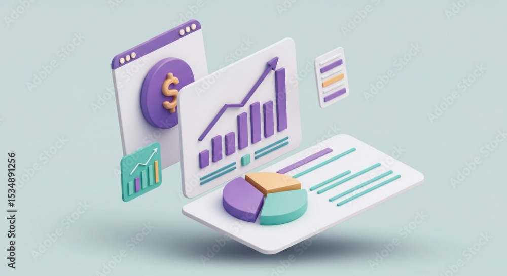 3D Financial Data Dashboard Illustration – Growth and Analytics Concept. 3D Financial Data Dashboard Illustration – Growth and Analytics Concept.